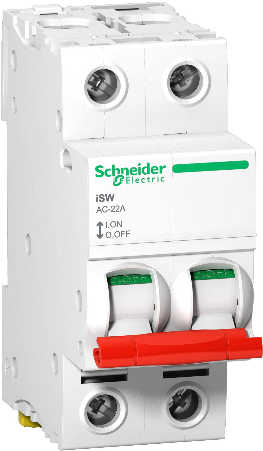 Dispositif de commutation de Schneider Electric, modèle iSW AC-22A, avec deux interrupteurs à bascule rouges pour la fonction marche/arrêt.
