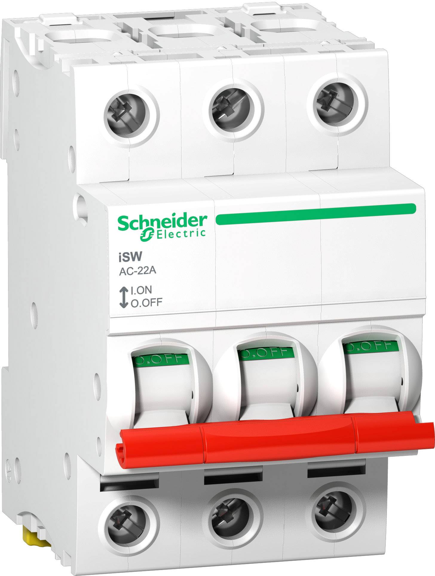Un disjoncteur tripolaire de marque Schneider Electric, modèle iSW, avec un levier de commande rouge, interrupteur en position 'Off'.