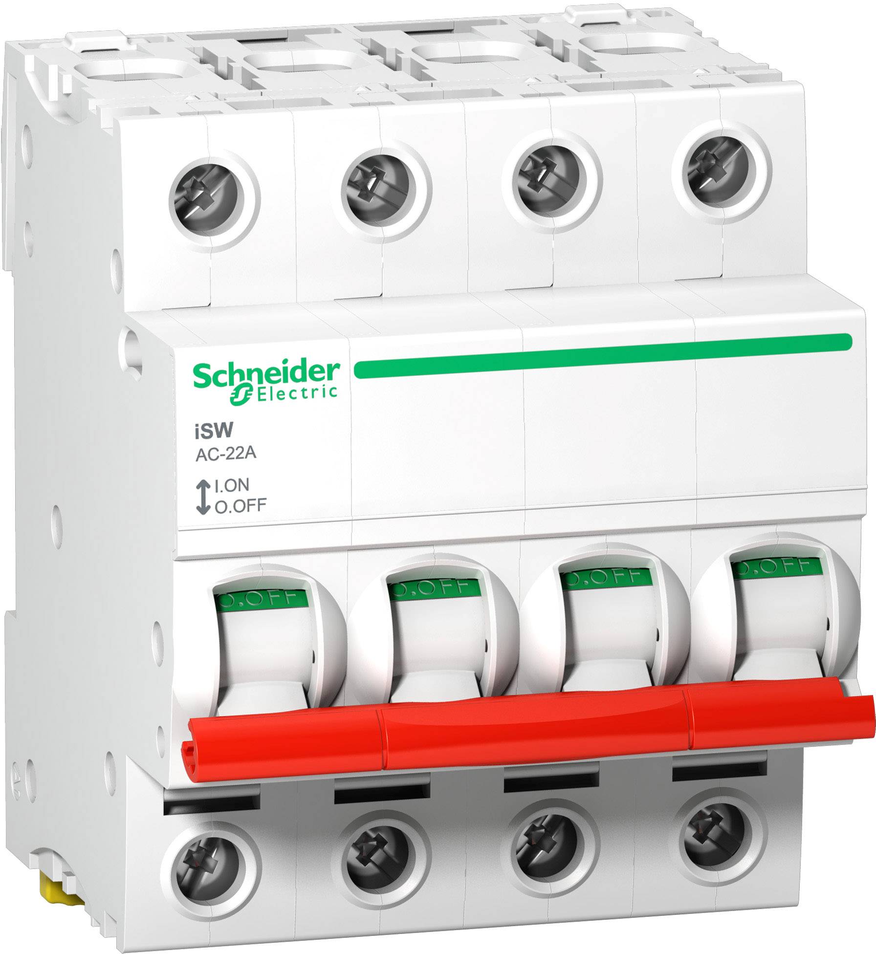 Un disjoncteur blanc de Schneider Electric avec un levier rouge et l'inscription 'iSW AC-22A' pour les systèmes de distribution électrique.