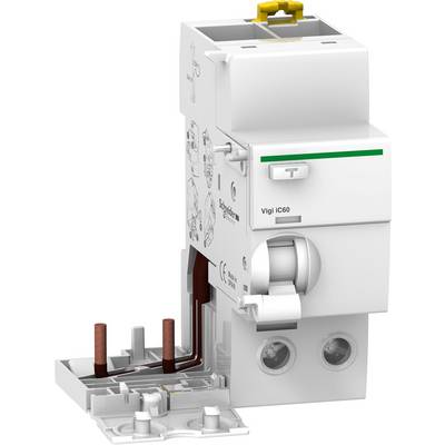 Un dispositif de protection électrique blanc avec interrupteur et connexions, étiqueté 'Vigi iC60'. Utilisé dans les installations électriques.
