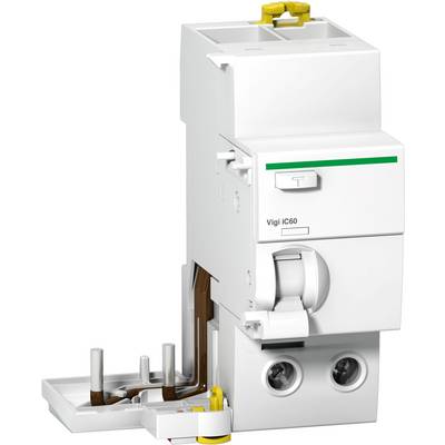Un interrupteur de protection blanc de Schneider Electric portant l'inscription 'Vigi iC60'. L'interrupteur est équipé d'un bouton rotatif et de plusieurs bornes de connexion.