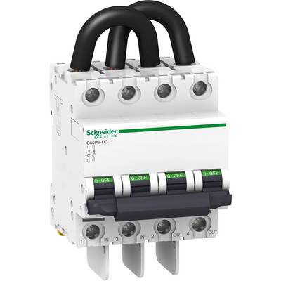 Interrupteur avec quatre circuits, câbles noirs en haut, boîtier blanc. Étiquettes indiquant 'I-O Q1', 'Schneider Electric'.