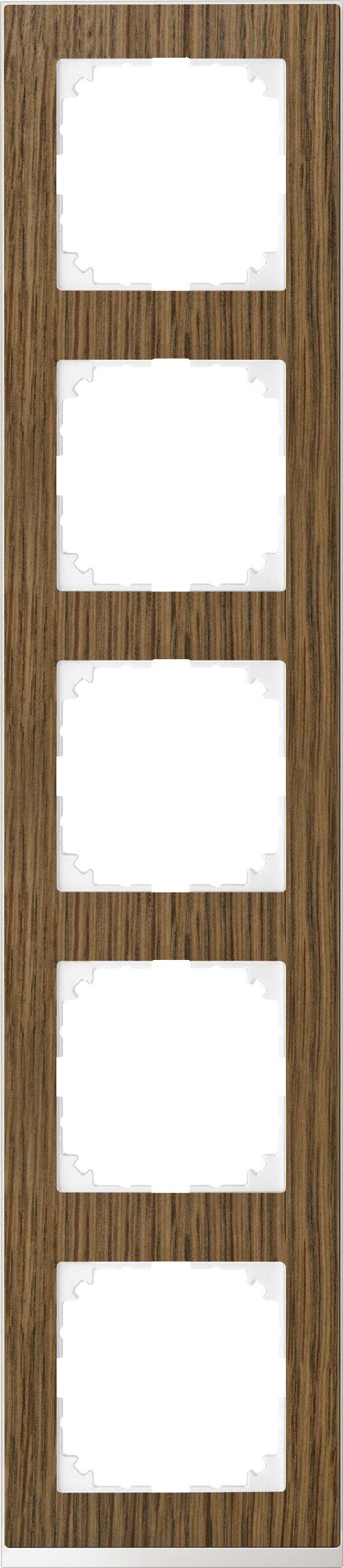 Un panneau en bois brun rectangulaire vertical avec cinq découpes carrées, réparties de manière uniforme.
