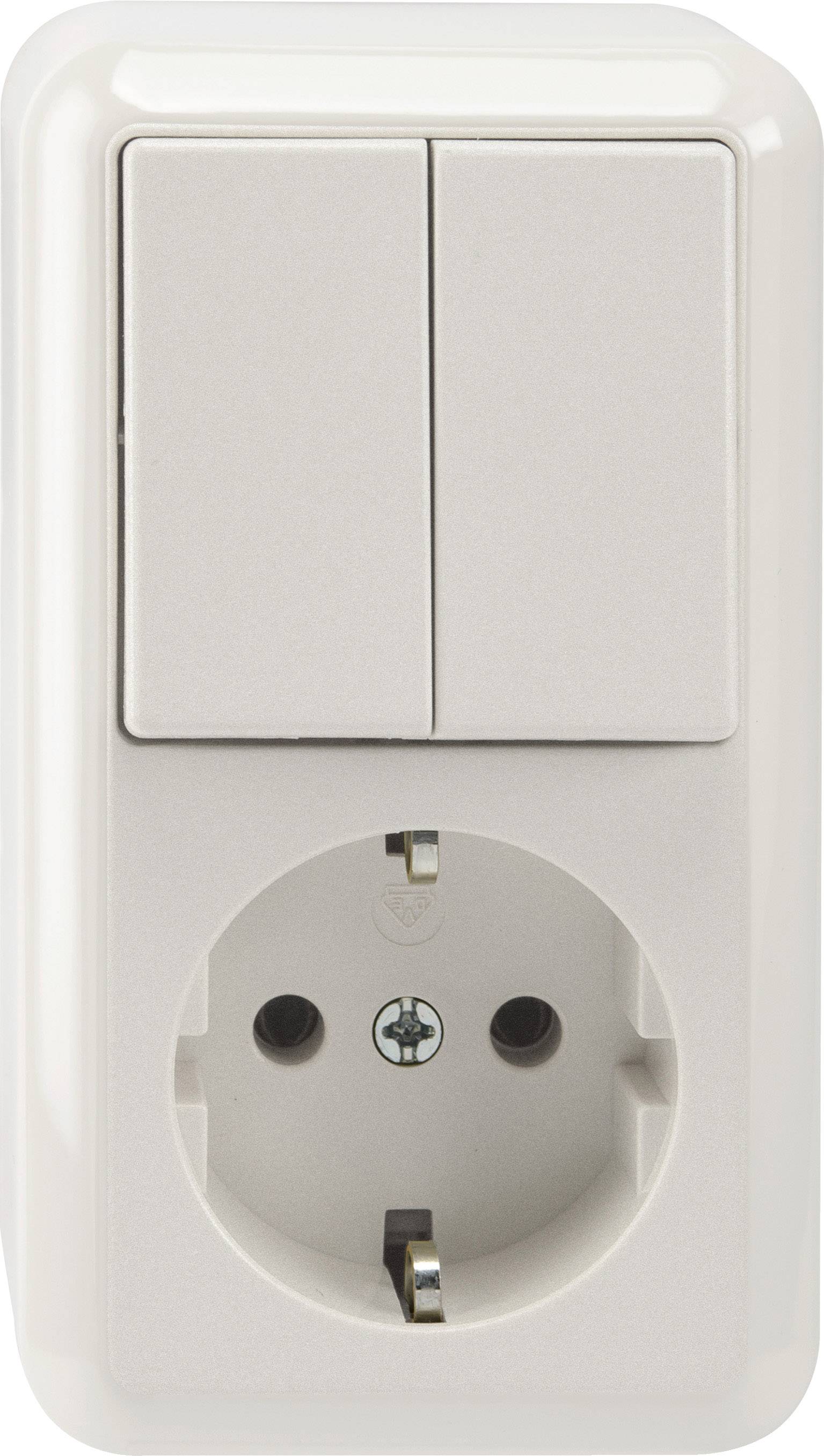 Barre multiprises blanche avec un interrupteur et une prise électrique en dessous, fixée au mur.