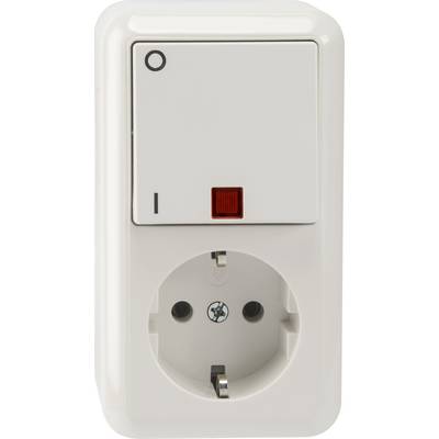 Prise électrique blanche et interrupteur avec voyant de contrôle rouge, position de l'interrupteur sur 'Éteint'.