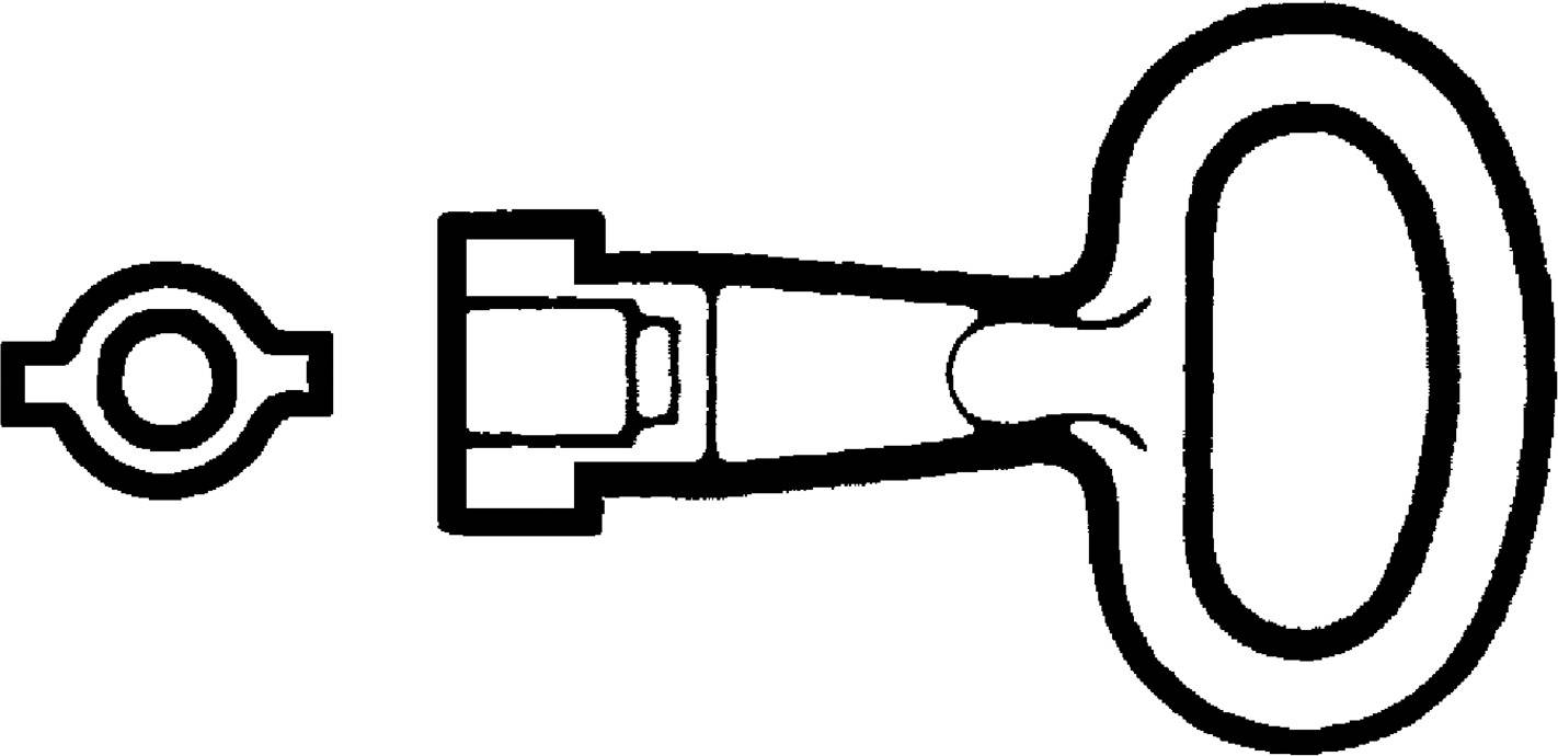 Dessin technique en noir et blanc d'une clé, composée d'une poignée ronde et d'une tige sans dents, à côté d'une forme ovale.