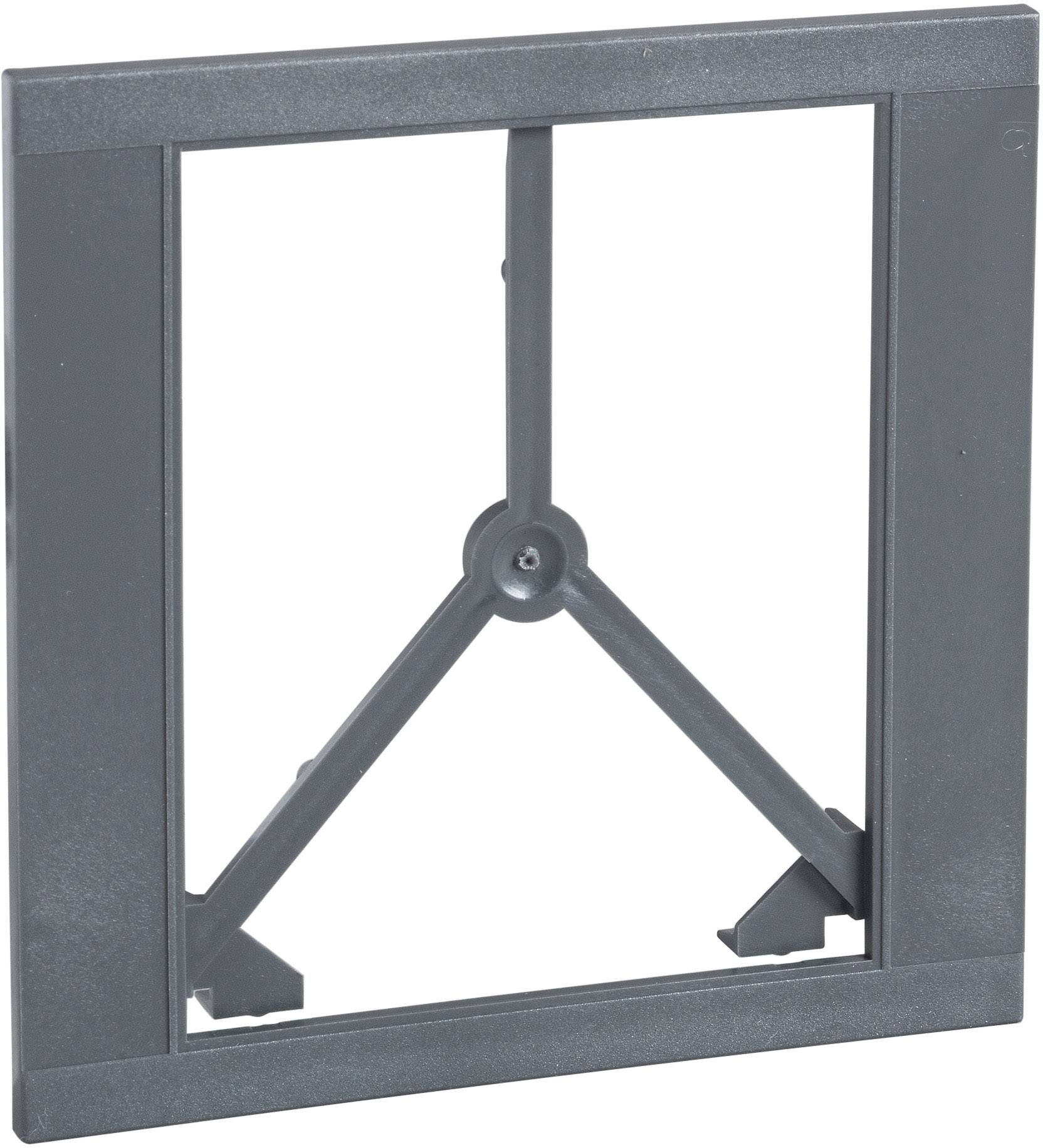 Cadre en plastique gris structuré de forme rectangulaire avec des entretoises stabilisatrices ; pouvant être utilisé comme couvercle ou encadrement.