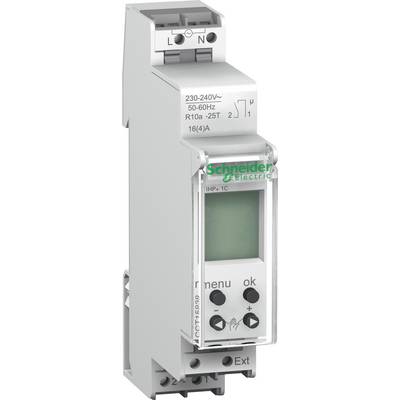 Dispositif électronique de commutation de Schneider Electric, montrant les bornes de connexion en haut, un affichage numérique au centre, avec différentes touches et fonctions.
