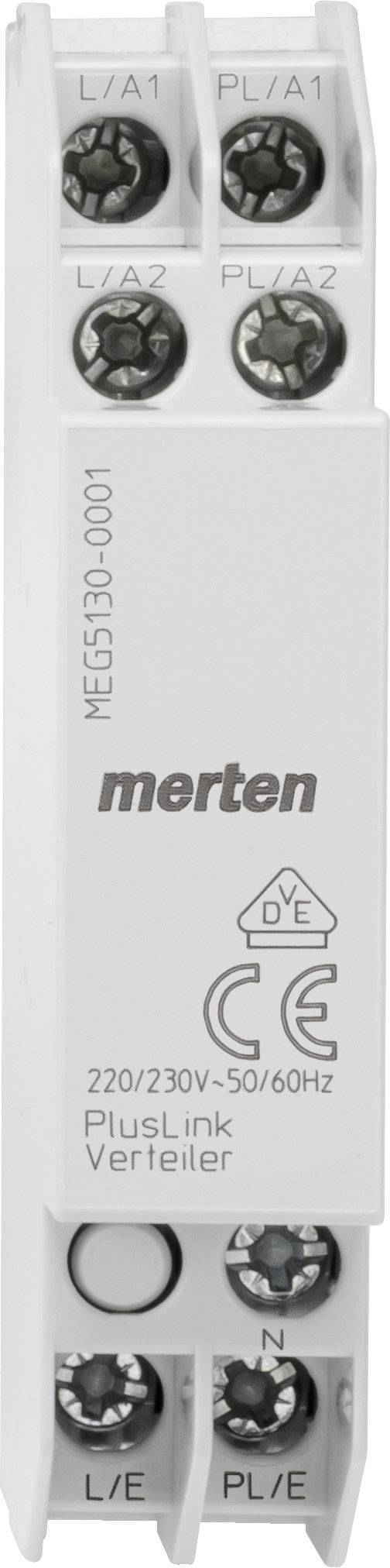 Module électrique blanc avec quatre bornes en haut étiquetées 'L/A1', 'PL/A1', 'L/A2', 'PL/A2' et en bas 'L/E', 'N', 'PL/E', marqué comme '+Répartiteur Link'.