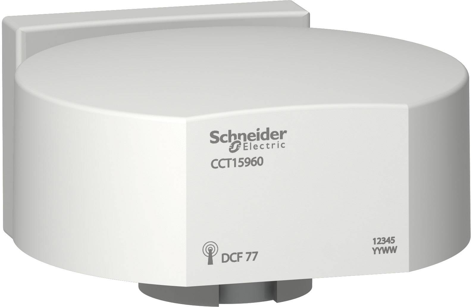 Appareil blanc et ovale de Schneider Electric, modèle CCT15960, avec symbole DCF 77.