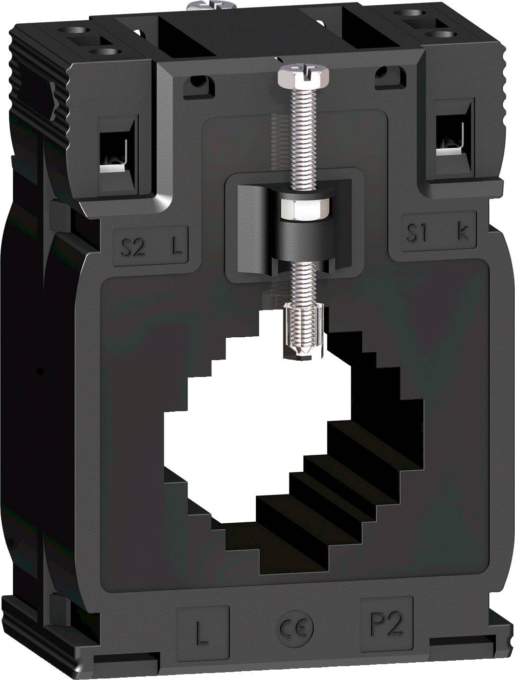 Transformateur de courant noir avec ouverture carrée et vis de fixation, couramment utilisé pour mesurer le courant dans les installations électriques.