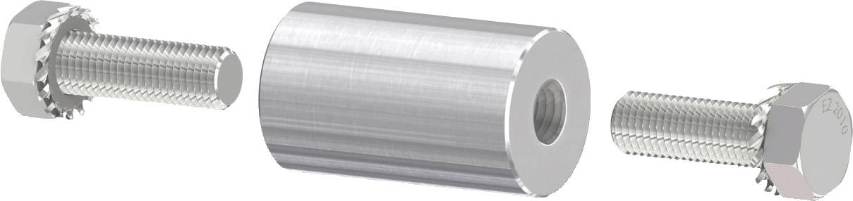 Connecteur métallique composé d'une douille entretoise cylindrique, d'une tige filetée et d'une vis.