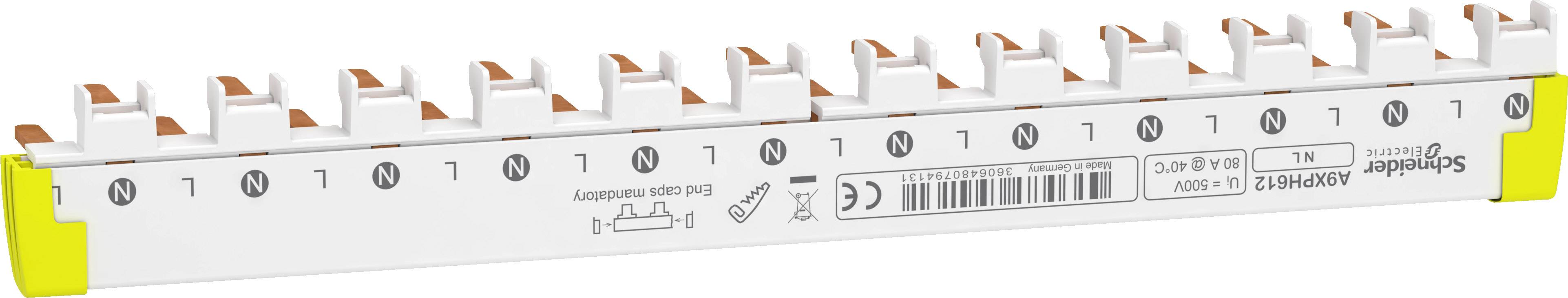 Un répartiteur de rail de phase à 12 bornes, de couleur jaune et blanche, avec l'inscription « Schneider Electric », détails techniques et symboles.
