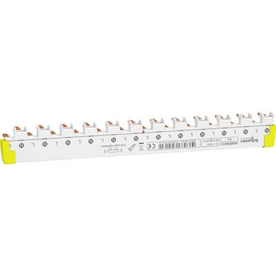 Un répartiteur de rail de phase à 12 bornes, de couleur jaune et blanche, avec l'inscription « Schneider Electric », détails techniques et symboles.