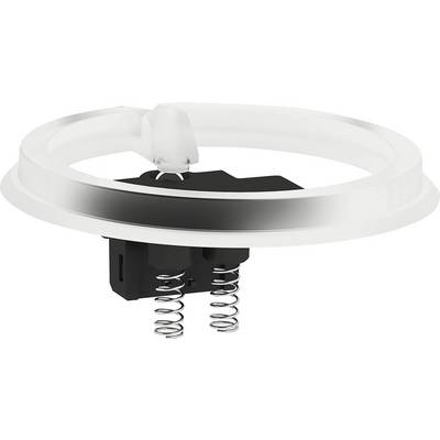Composant électronique avec un cadre métallique rond, des composants en plastique noir et des ressorts, probablement un interrupteur ou un capteur.