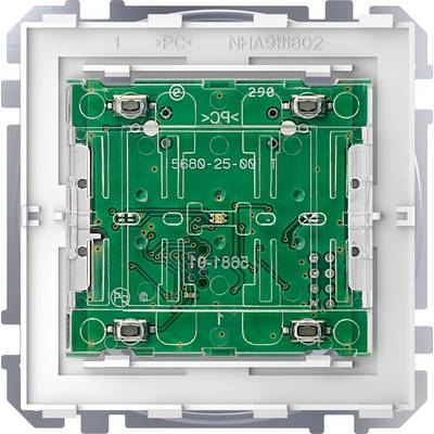 Carte électronique verte dans un cadre métallique carré, montrant des circuits et des composants électroniques.