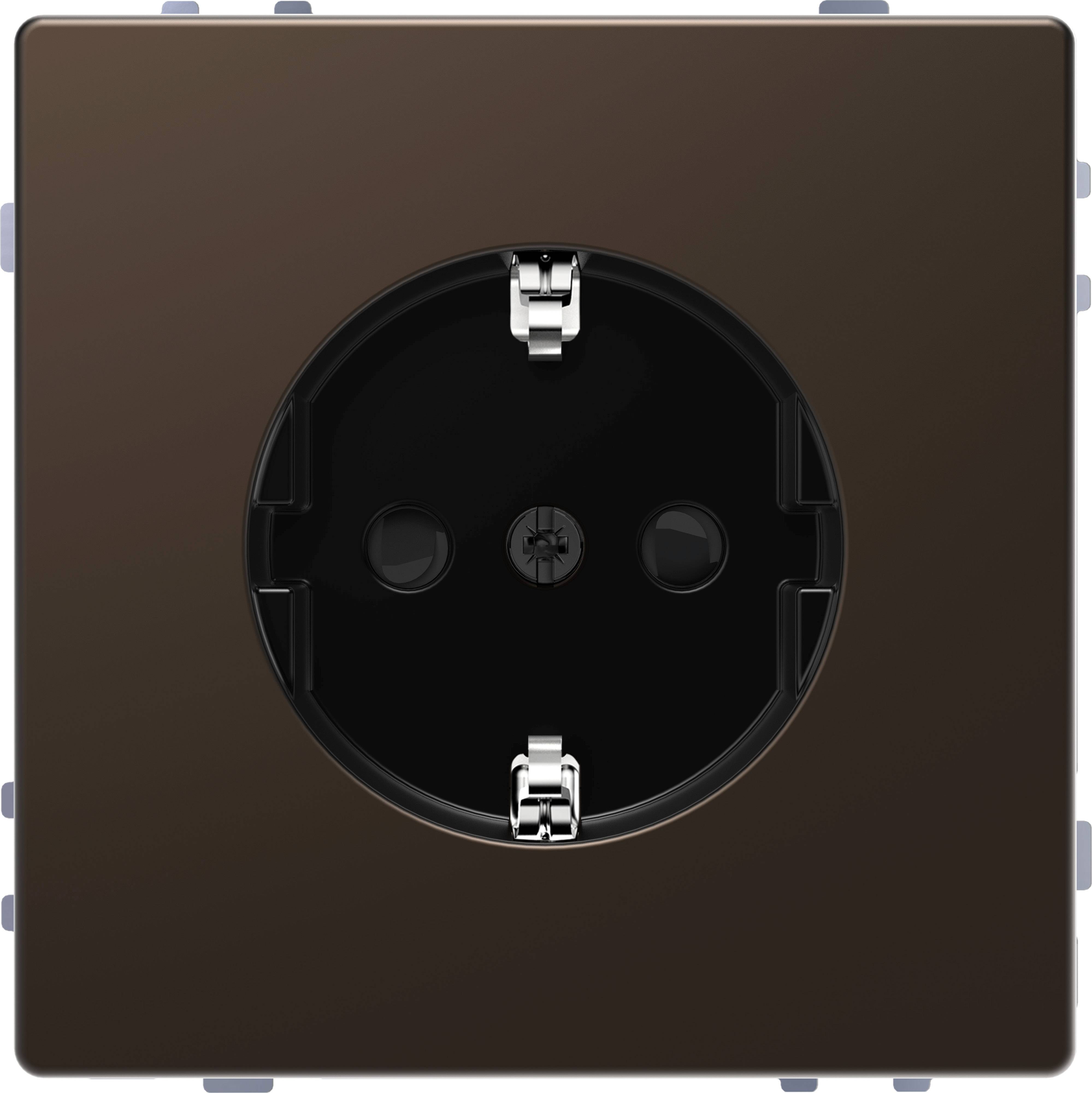 Une prise électrique noire dans un cadre sombre, représentée de face, sans câbles visibles ni appareils connectés.