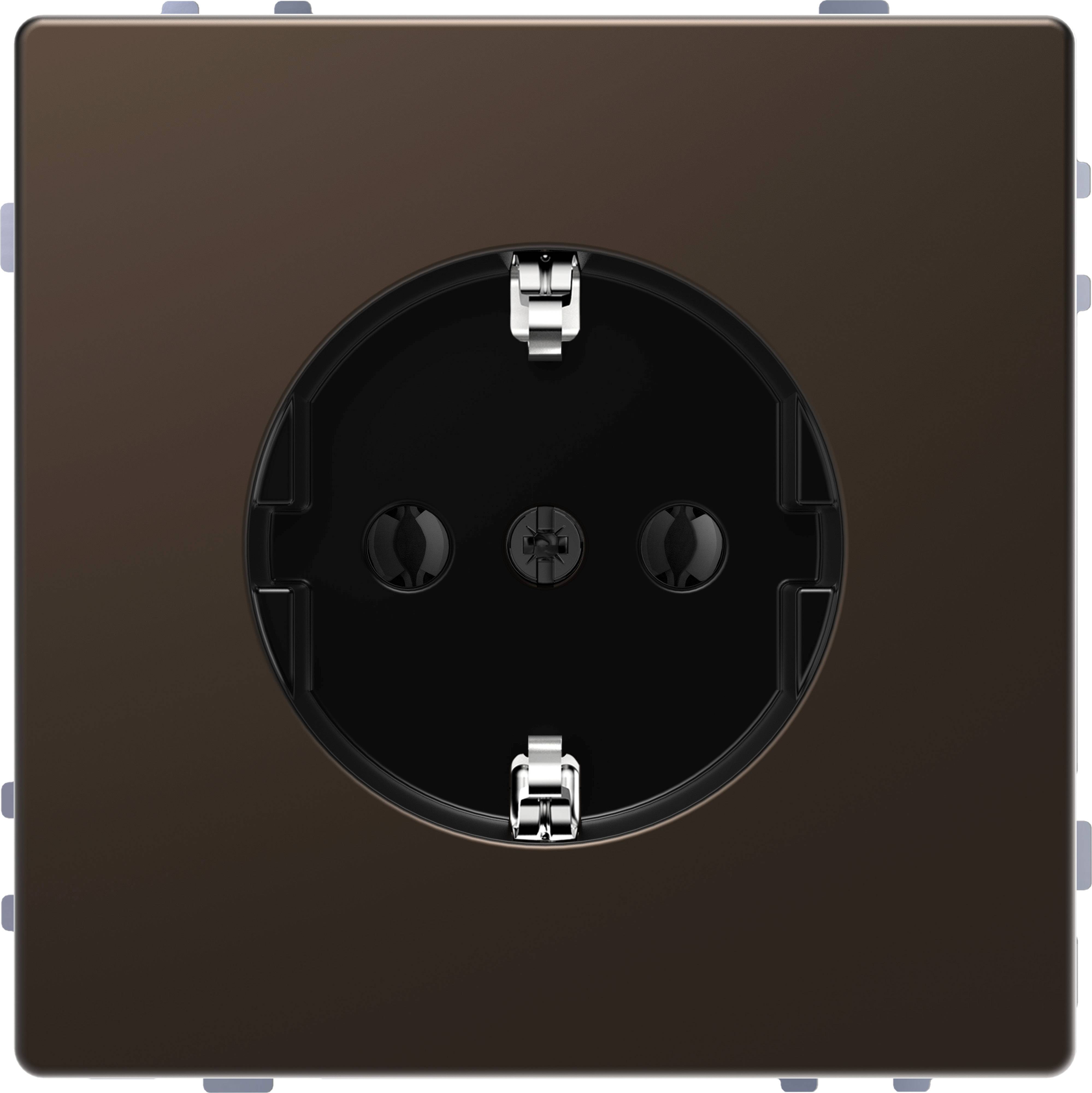 Prise électrique noire avec plaque de couverture carrée, positionnée au centre de l'image.