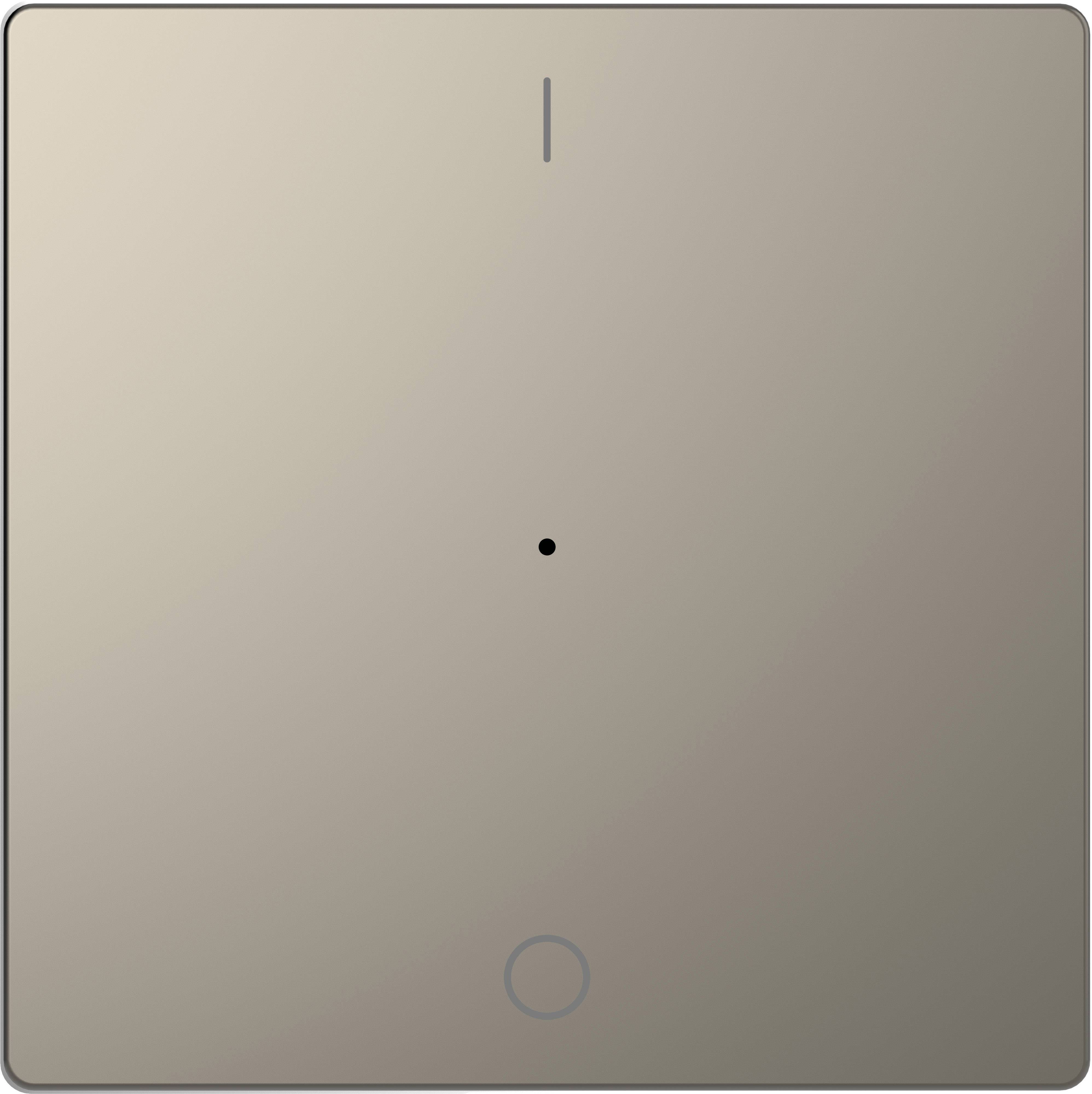 Une surface plate et carrée avec un point central discret et un symbole circulaire en bas, qui dégage une élégance réduite.