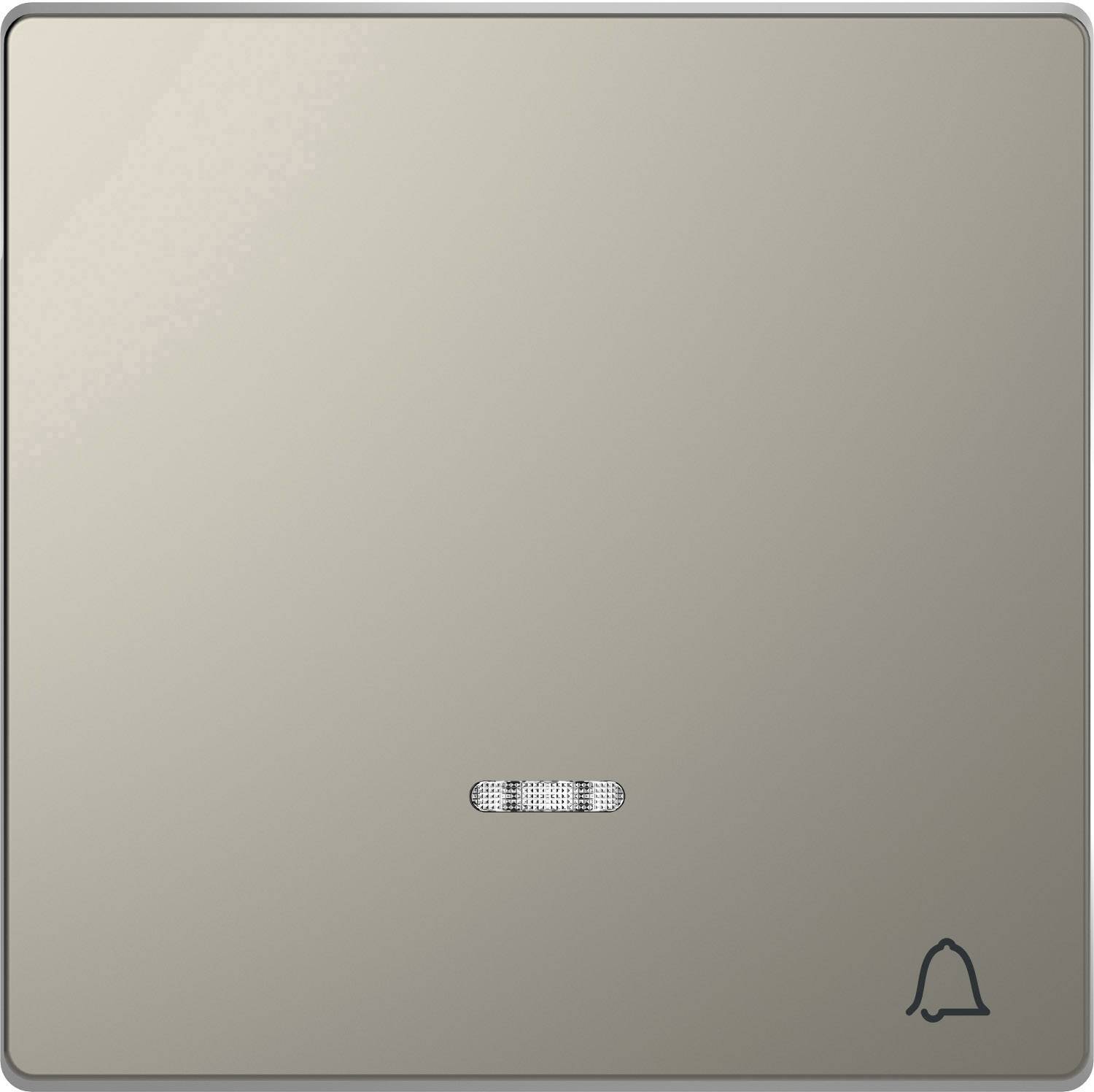 Une plaque de sonnette en métal avec une surface brillante et un symbole de sonnette en bas à droite.