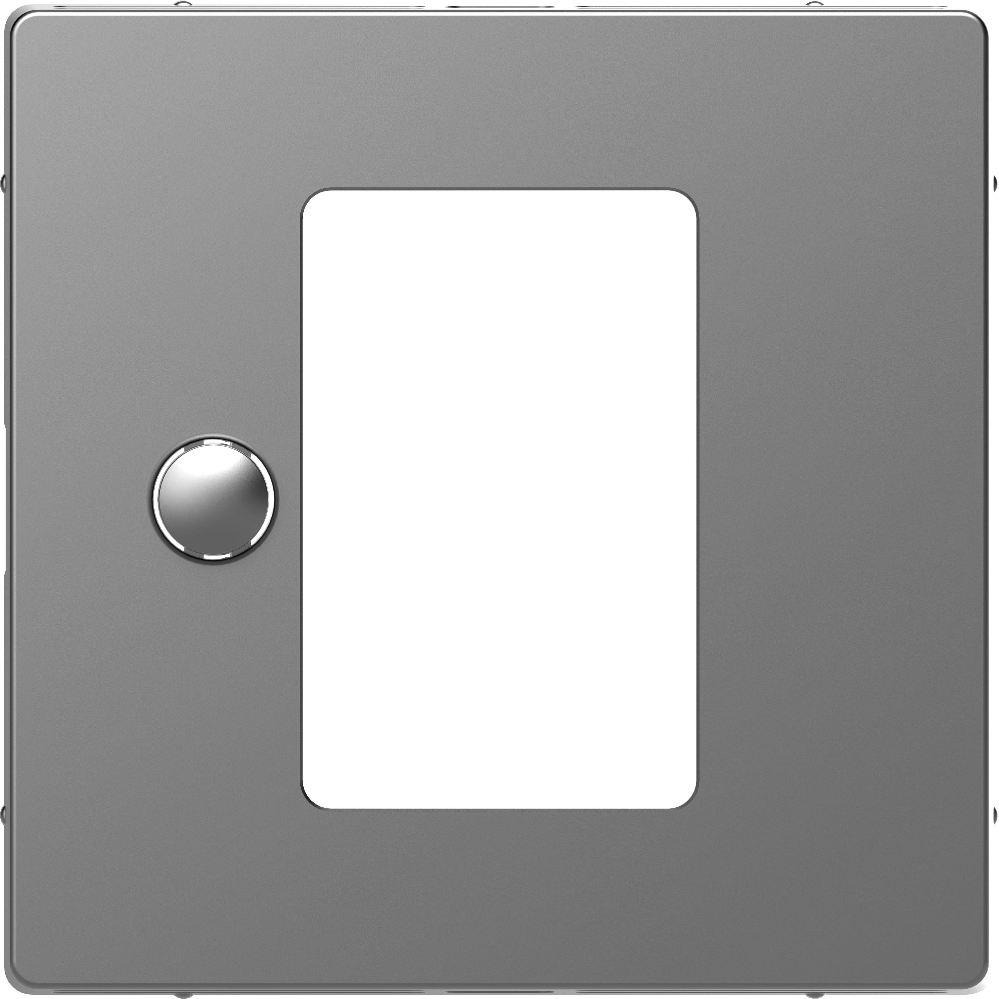 Un cadre d'interrupteur argenté carré avec un bouton rond et brillant à gauche et un rectangle vide au centre.