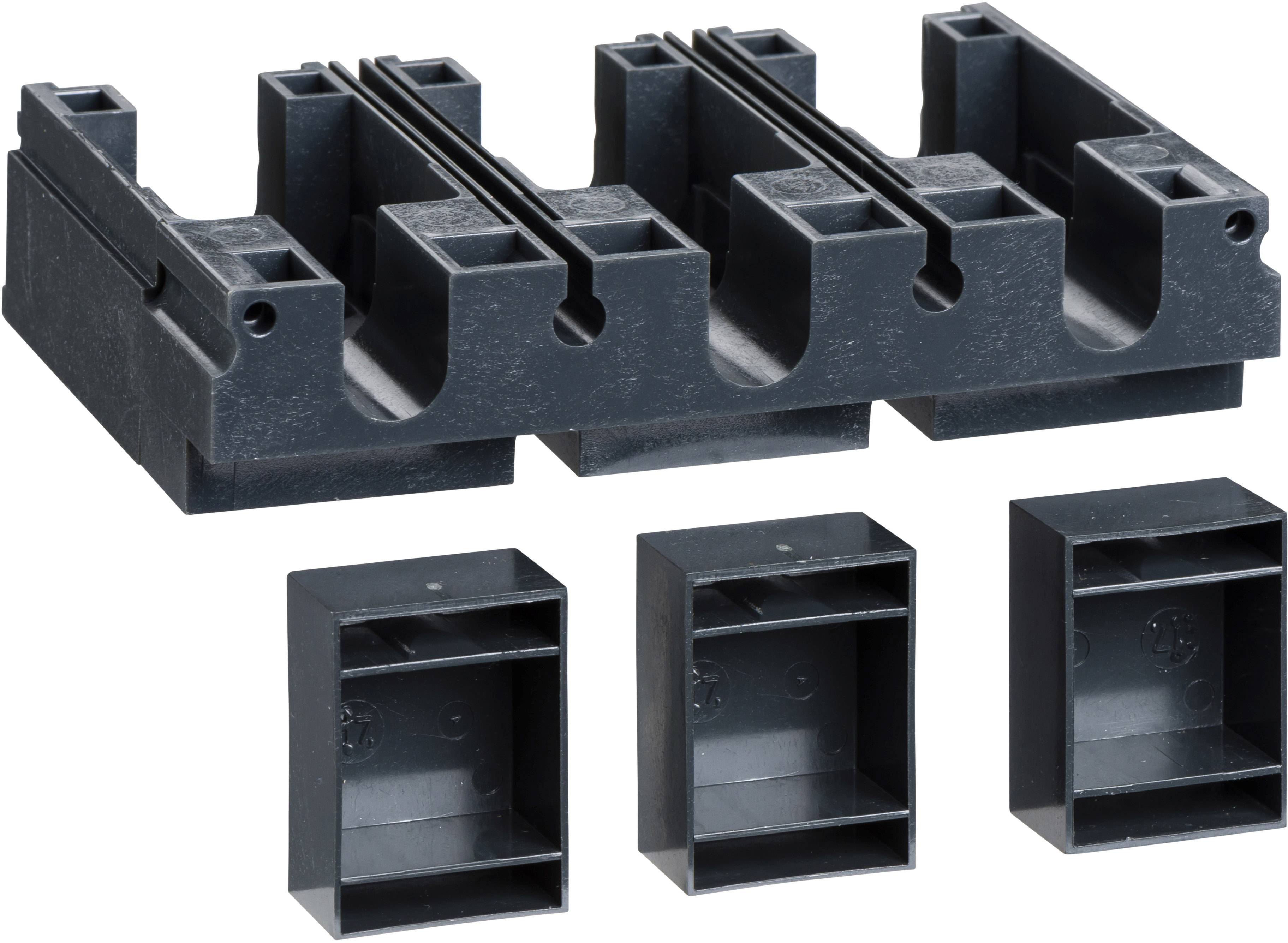Un support en plastique noir avec trois compartiments séparés et leurs couvercles correspondants.