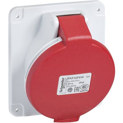 Prise industrielle rouge de Schneider Electric, type PKF32F434, adaptée pour 32A, 3P+N+E, 50-60Hz, IP44, sur base carrée blanche.