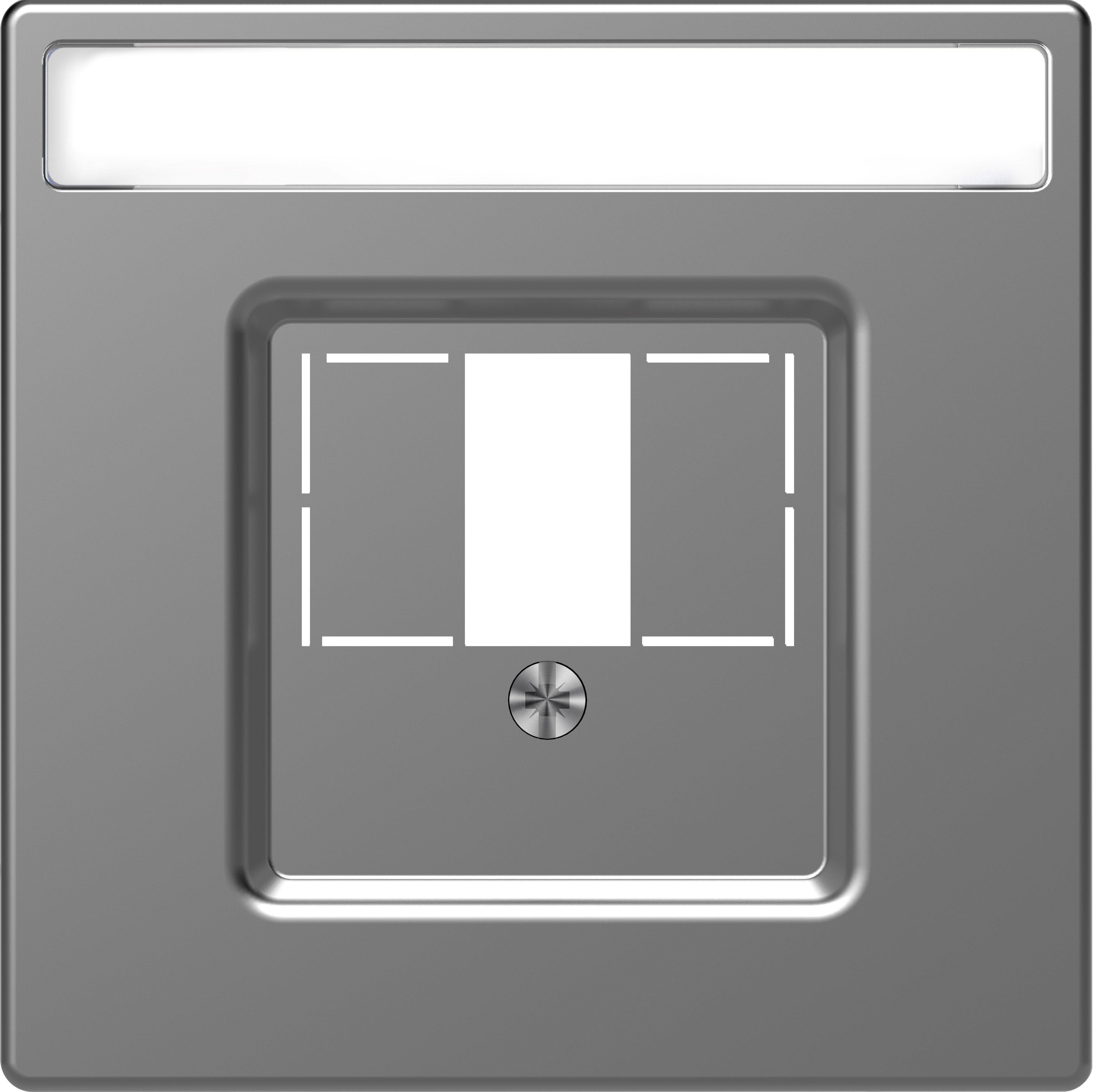Interrupteur métallique avec panneau de commande rectangulaire au centre, entouré d'un boîtier carré, de couleur argent, au design épuré.