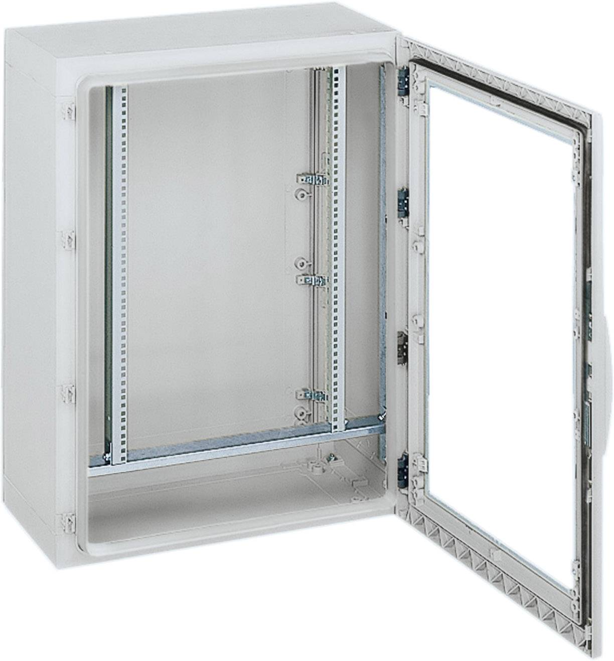 Un coffret électrique blanc ouvert, vide, avec des charnières et des supports visibles à l'intérieur.