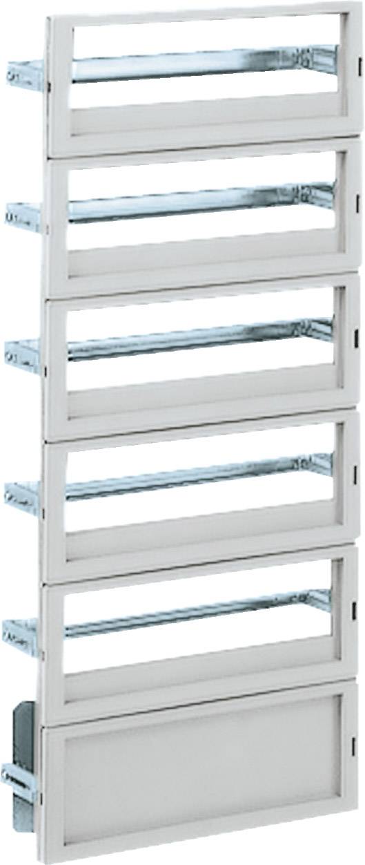 Une pile de six plateaux blancs en forme de grille avec des ouvertures étroites, disposés dans un cadre vertical.