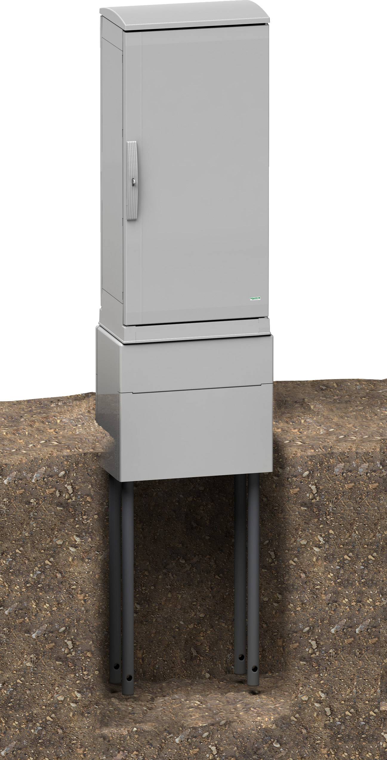 Un boîtier gris et rectangulaire est partiellement enfoui dans la terre, soutenu par deux tubes métalliques noirs.