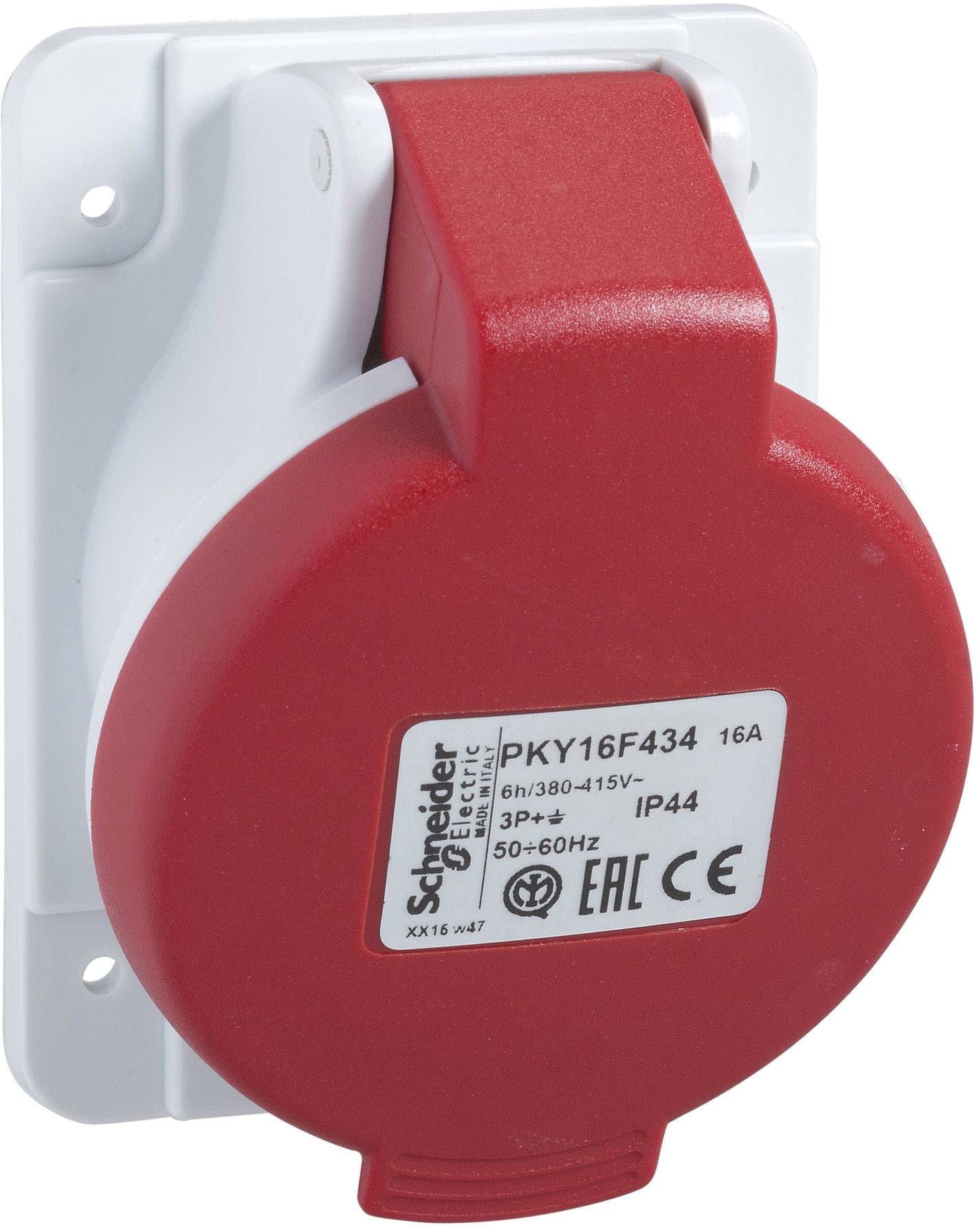 'Couplage industriel rouge avec boîtier gris, nom de marque et spécifications techniques sur l'étiquette : 16A, 6h, IP44, 380-415V.'
