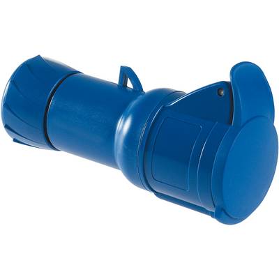 Prise CEE bleue cylindrique avec couvercle de protection amovible. Utilisée pour les connexions électriques industrielles.