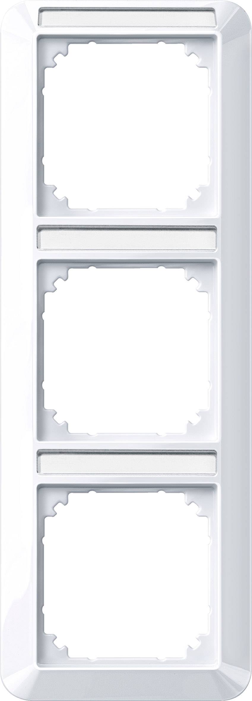 Trois cadres blancs et vides, disposés verticalement. Chaque emplacement du cadre permet d'accueillir un interrupteur rectangulaire ou une prise de courant.