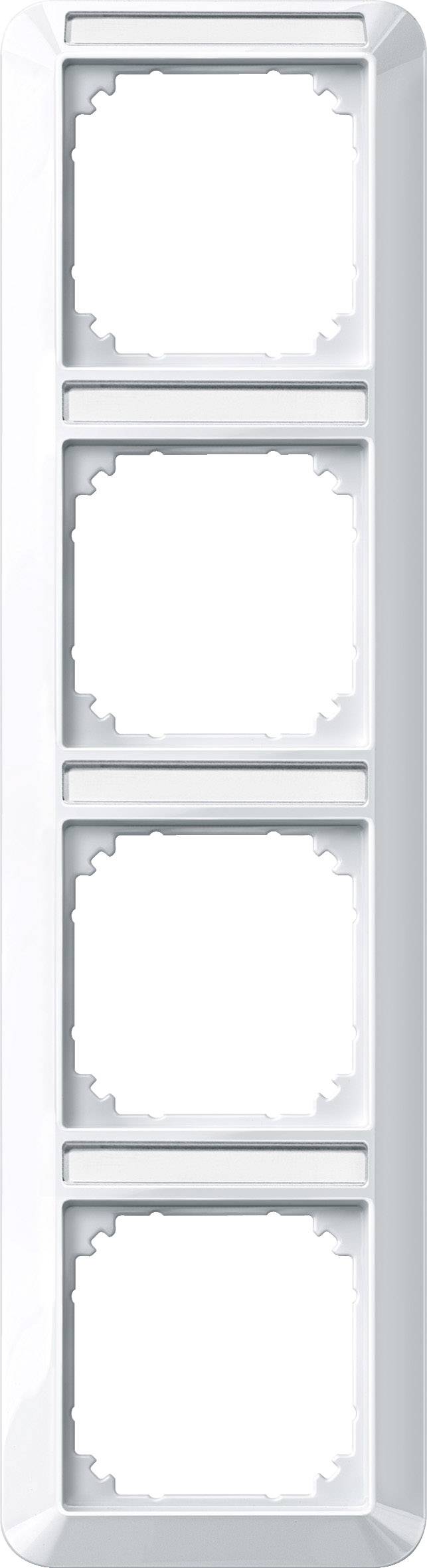 Cadre quadruple pour interrupteurs ou prises électriques, disposé verticalement, en plastique blanc.