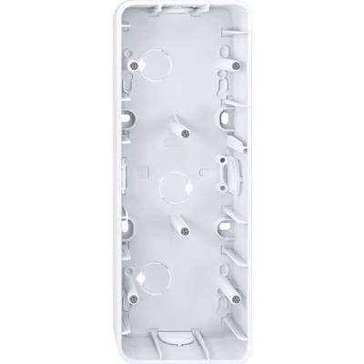Un support rectangulaire blanc en plastique avec plusieurs trous de vis et points de fixation, probablement destiné à une installation électrique murale.