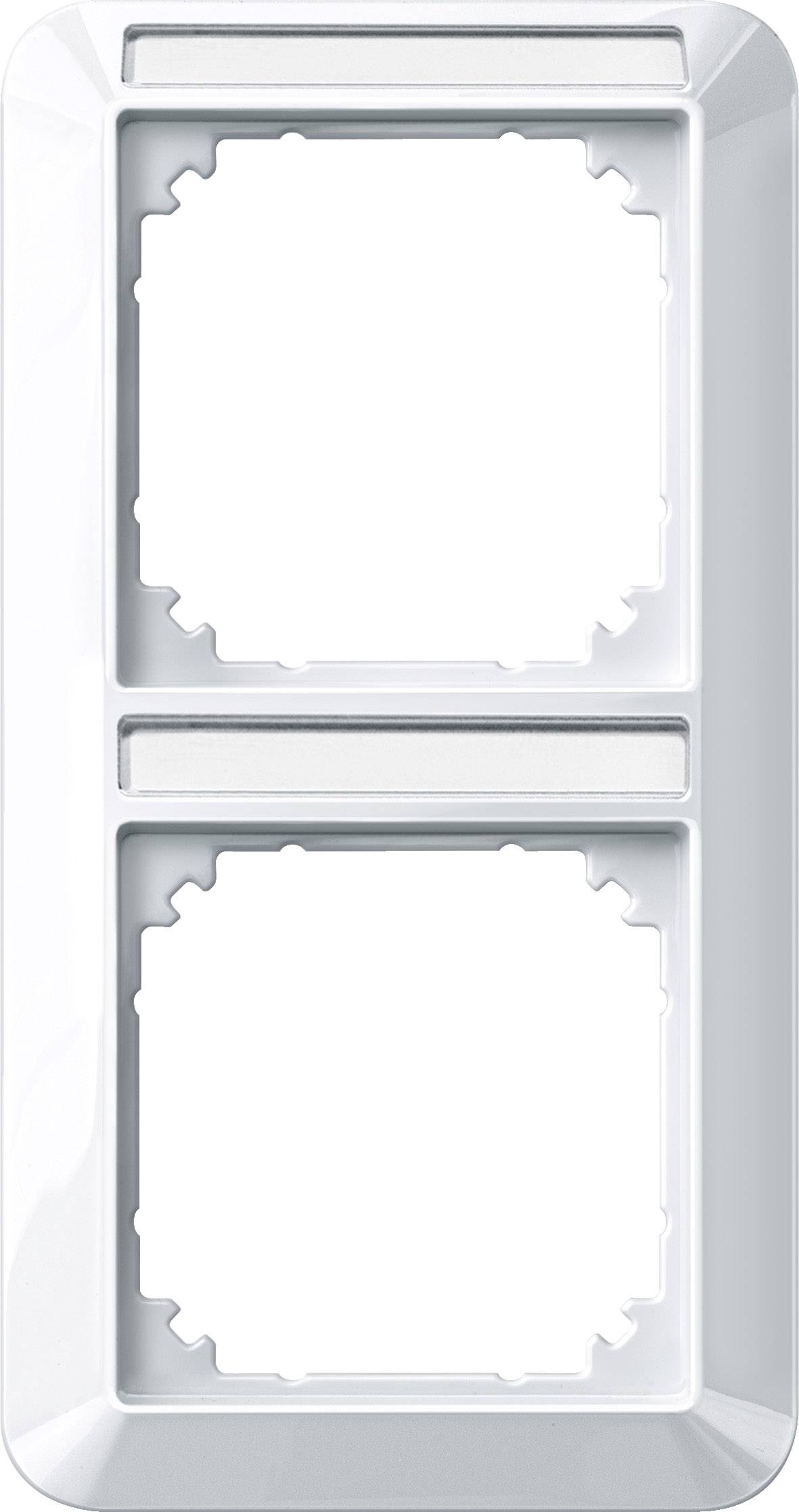 Un cadre double blanc rectangulaire pour deux interrupteurs ou prises électriques, avec des coins arrondis et un design épuré.
