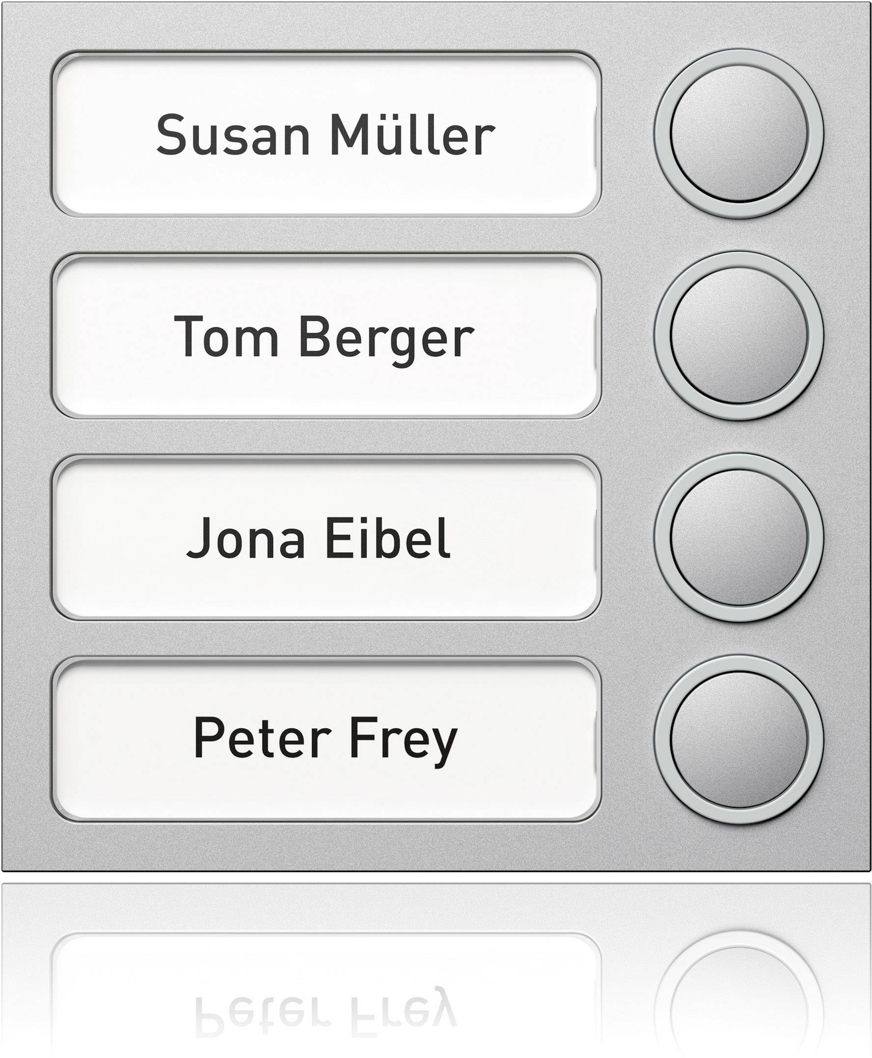 Sonnette avec quatre noms : 'Susan Müller', 'Tom Berger', 'Jona Eibel', 'Peter Frey', chacun avec un bouton correspondant.