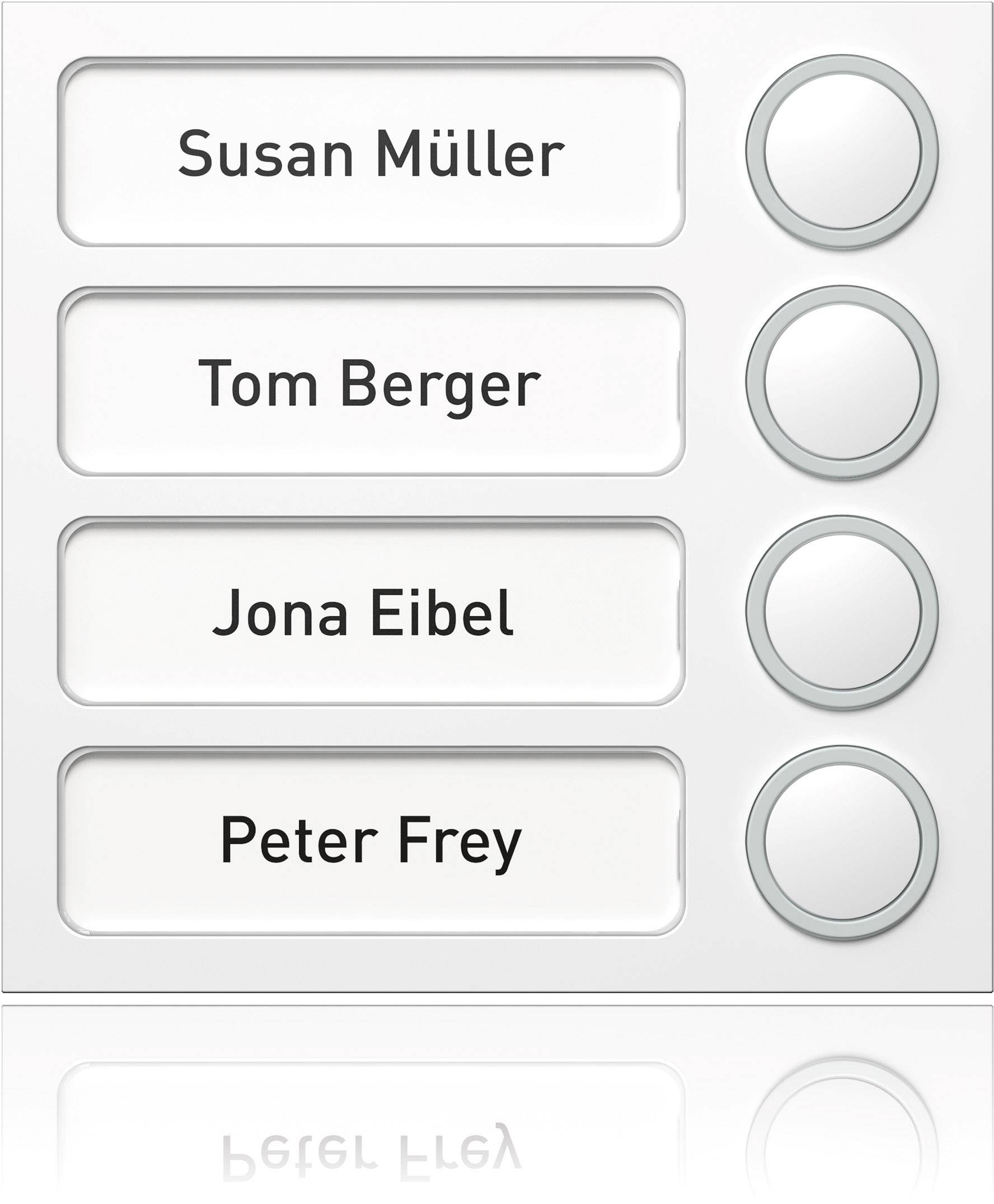 Sonnette avec quatre noms : Susan Müller, Tom Berger, Jona Eibel, Peter Frey. Chaque nom est associé à un bouton de sonnette correspondant.