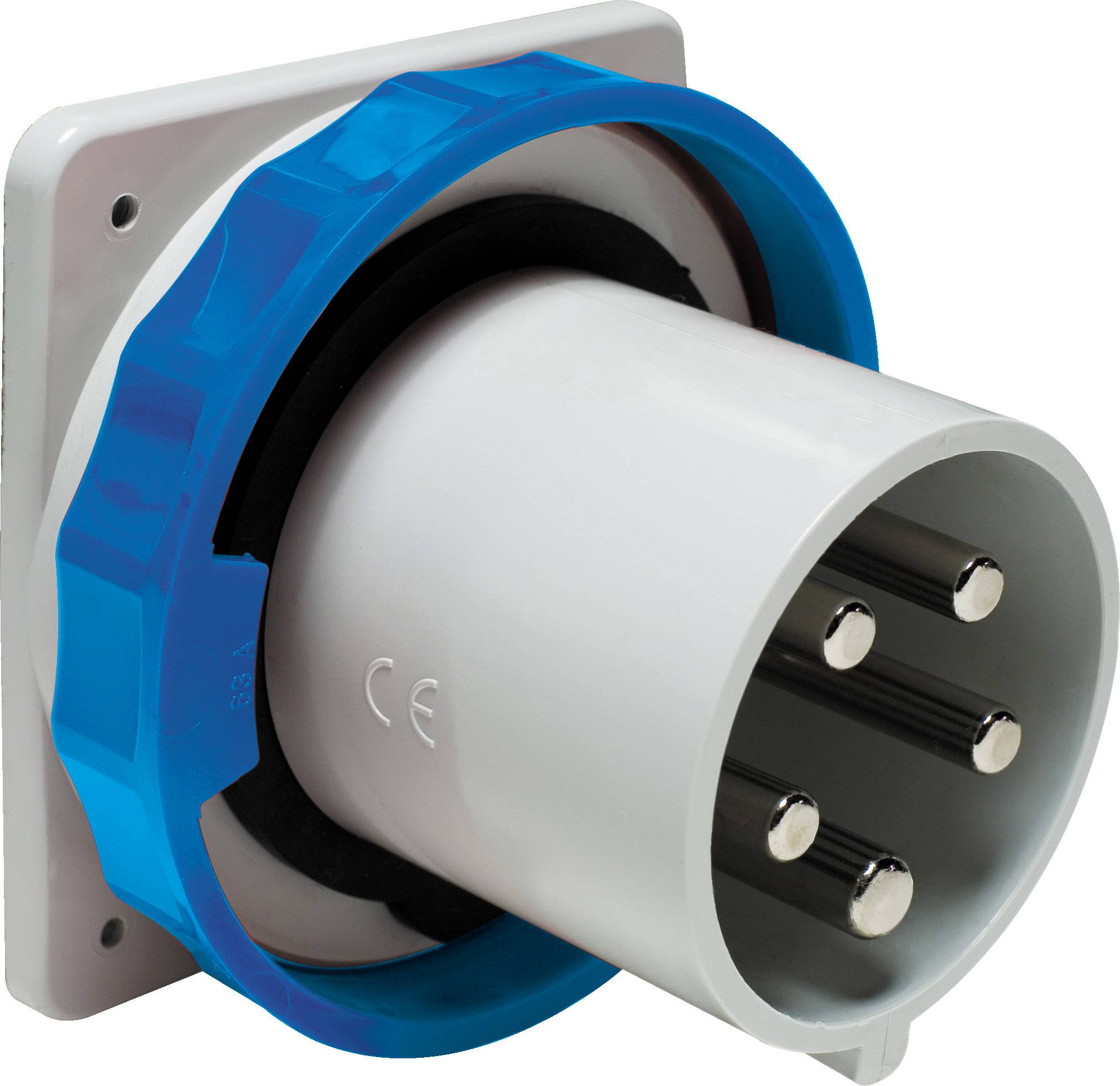 Connecteurs industriels avec boîtier en plastique bleu et broches métalliques, adaptés aux charges de courant élevées.