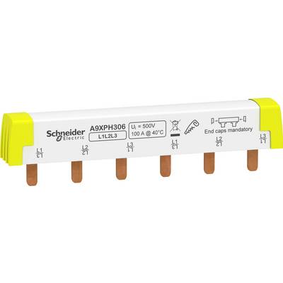Un connecteur de barre omnibus de Schneider Electric, modèle A9XPH306, avec trois conducteurs L1, L2, L3, 500V, 100A à 40°C. Capuchons de terminaison requis.