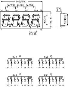 Dessin technique d'un affichage électronique avec dimensions et quatre schémas de câblage. Présente les composants d'affichage numérique et leurs connexions.