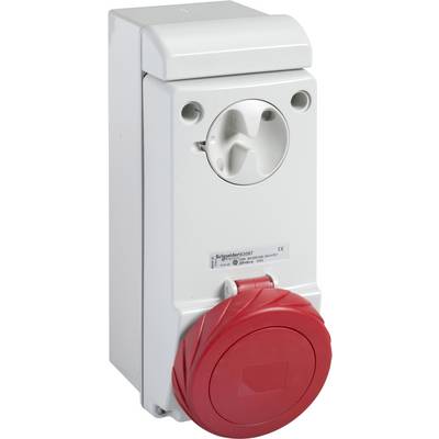 Prise électrique avec couvercle de connexion rouge, disposée verticalement, convenant aux applications industrielles, de couleur blanche et rouge.