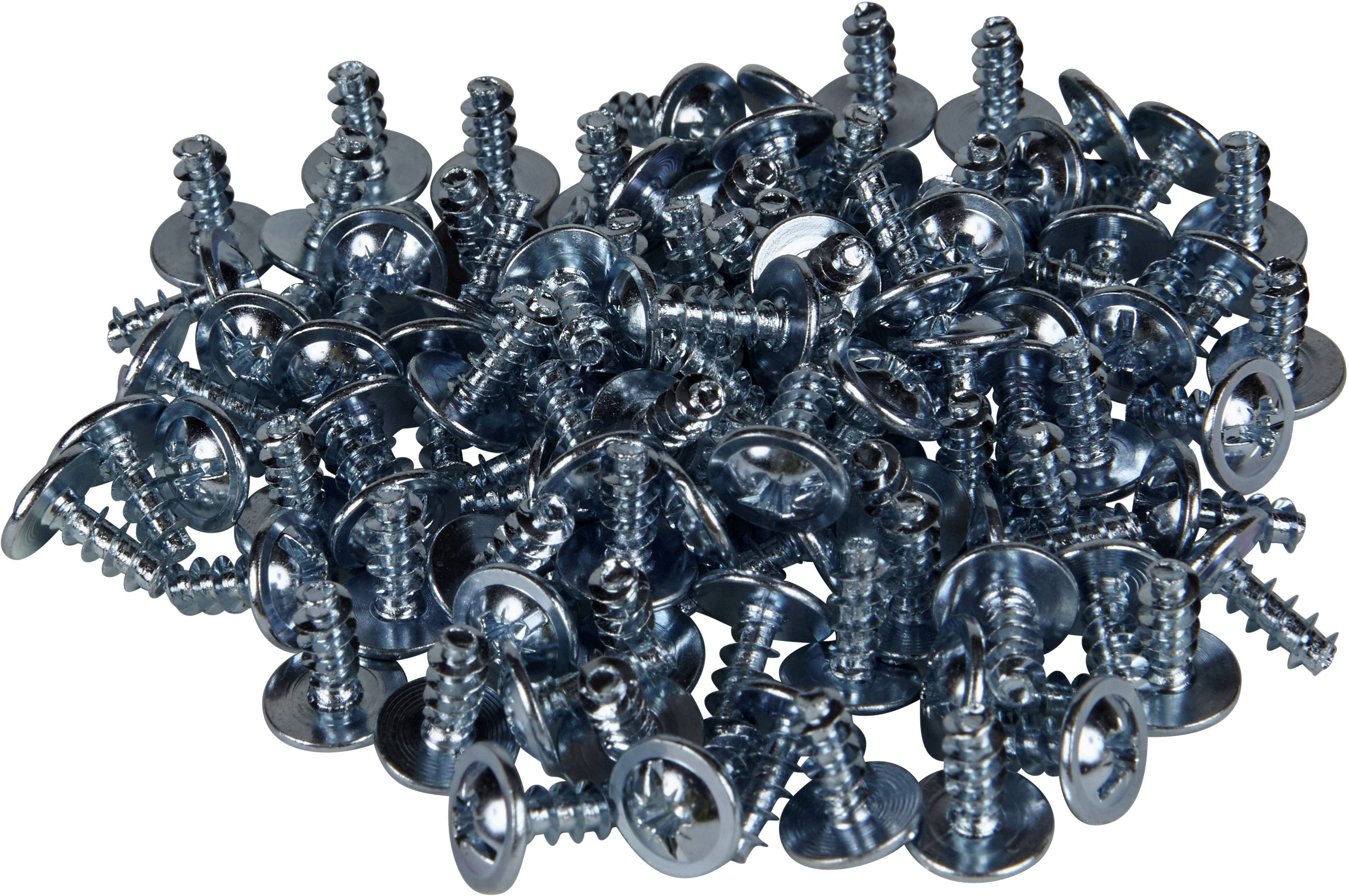 Une pile de vis en métal argenté avec têtes cruciformes, partiellement munies de rondelles.