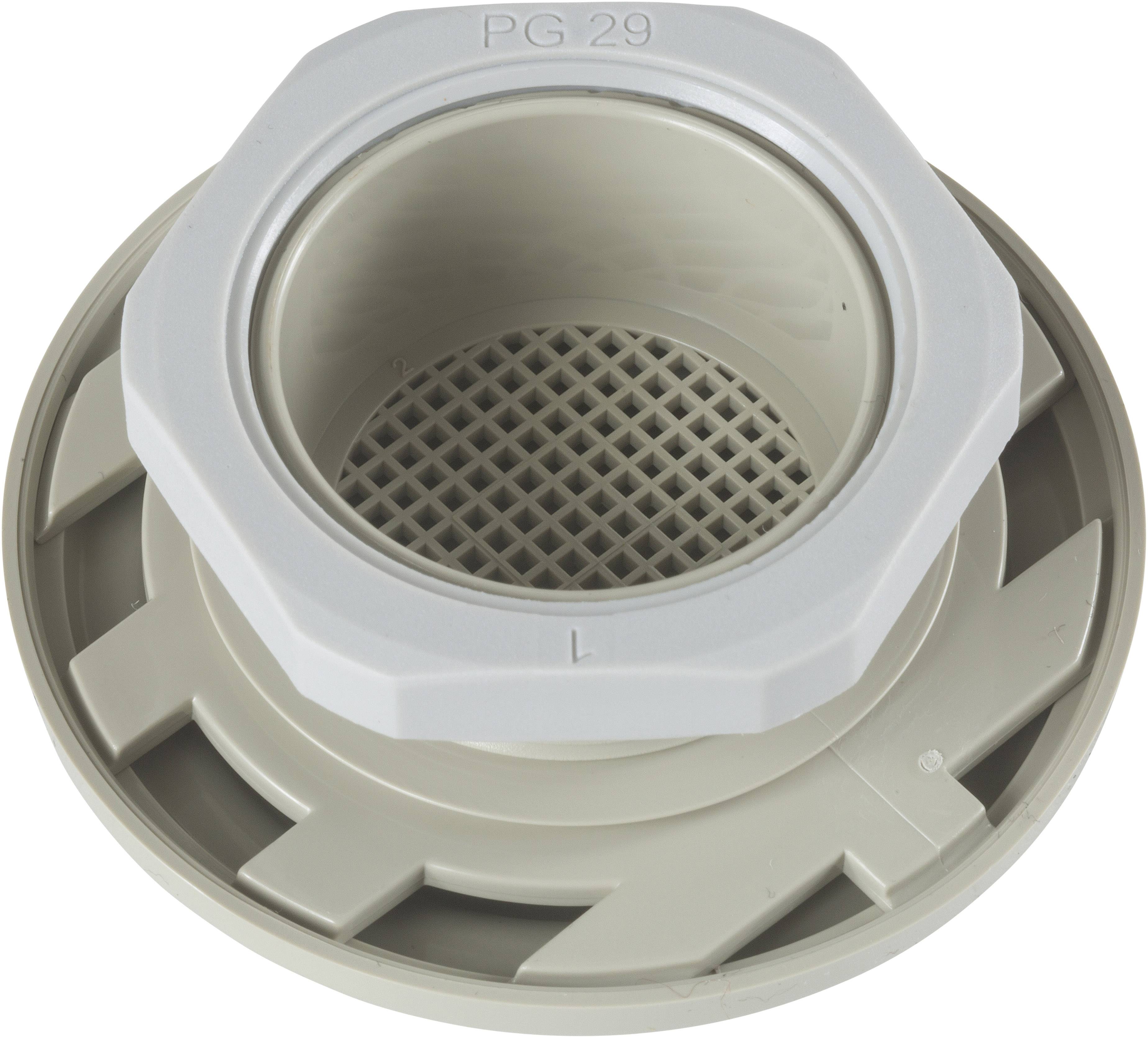 Presse-étoupe en plastique beige-gris avec protection intégrée du câble. Inscription 'PG.29' sur la partie supérieure. Fonction de passage de câble.