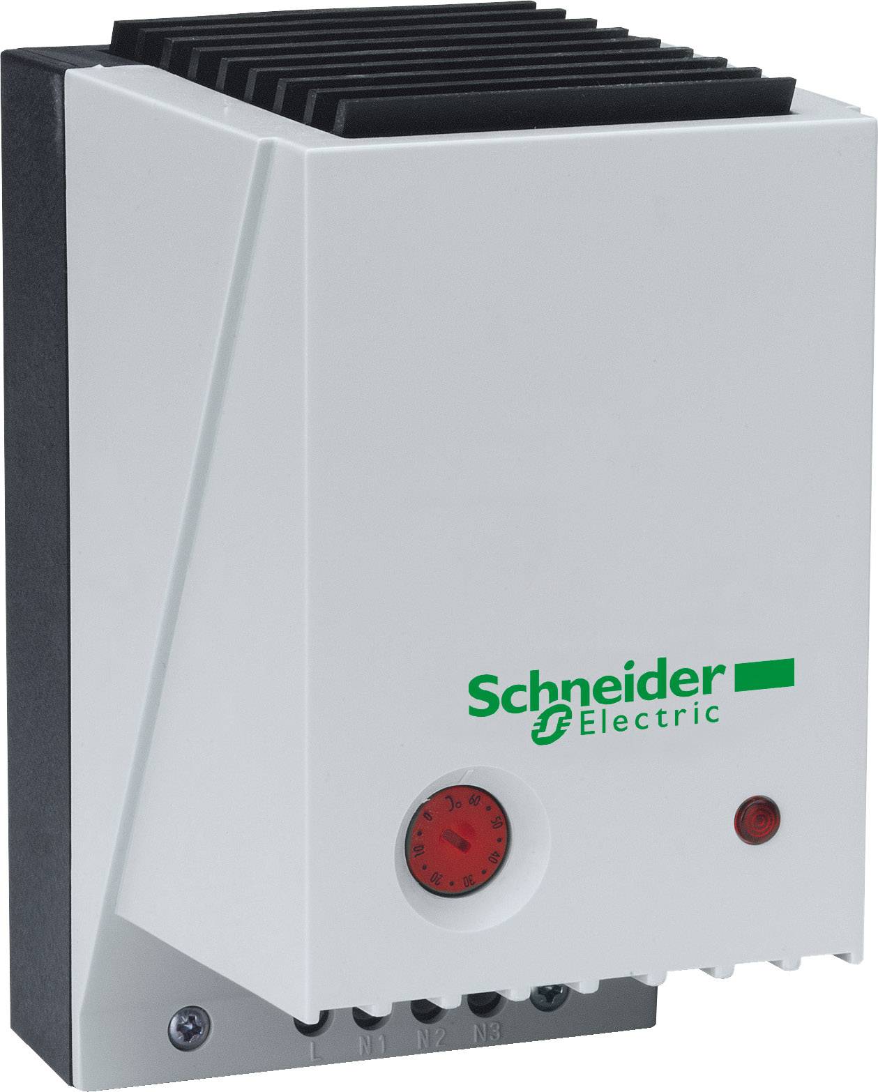 Appareil blanc avec le logo de Schneider Electric sur l'avant, doté d'un bouton rouge et de ailettes de refroidissement sur le dessus.