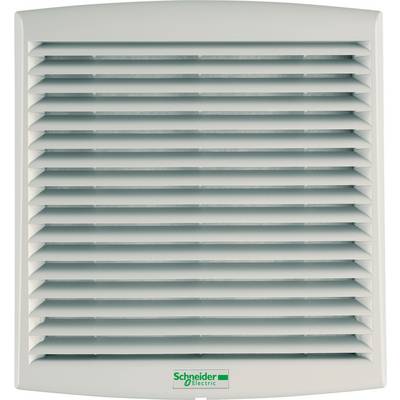 Grille de ventilation à lamelles horizontales, blanche, avec le logo vert 'Schneider Electric' en bas.
