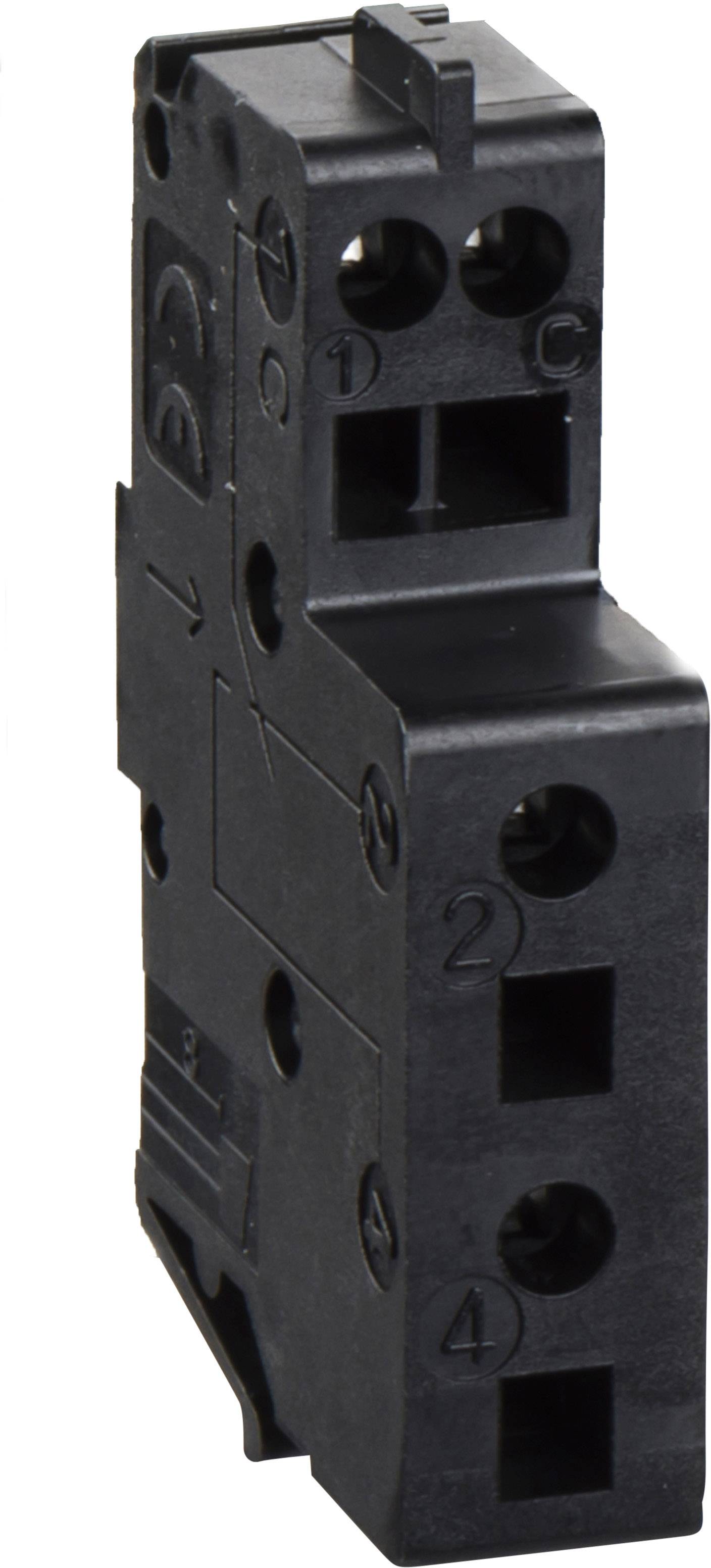 Bloc de contact électromagnétique noir avec quatre bornes de connexion, marquées par des chiffres et des lettres.