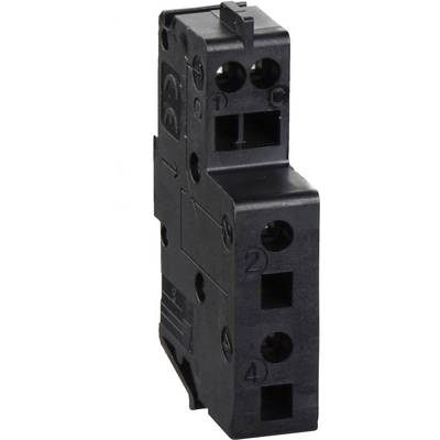 Bloc de contact électromagnétique noir avec quatre bornes de connexion, marquées par des chiffres et des lettres.