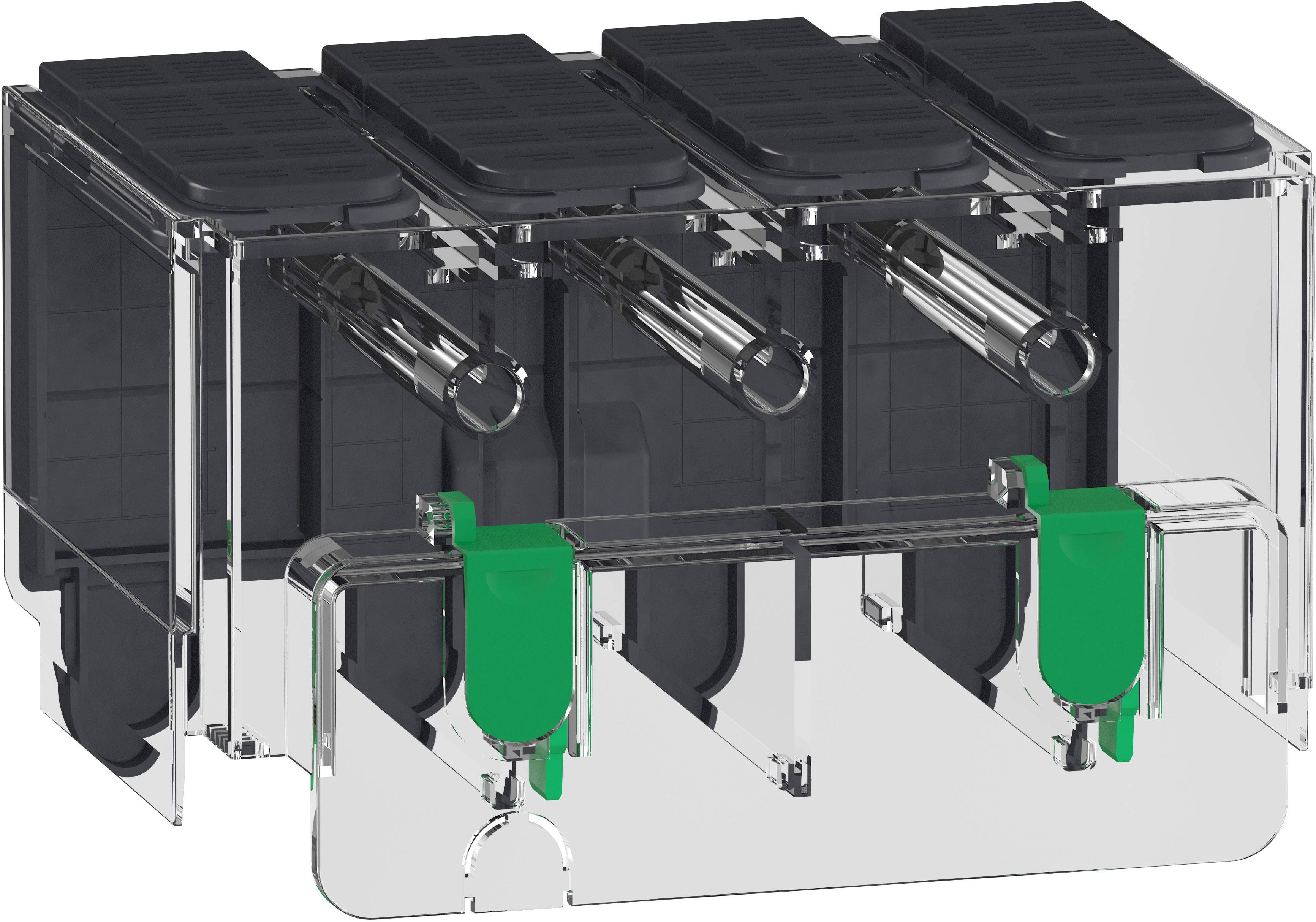 Un support de batterie transparent contenant quatre piles noires alignées côte à côte. Deux clips verts à l'avant maintiennent les piles en toute sécurité.